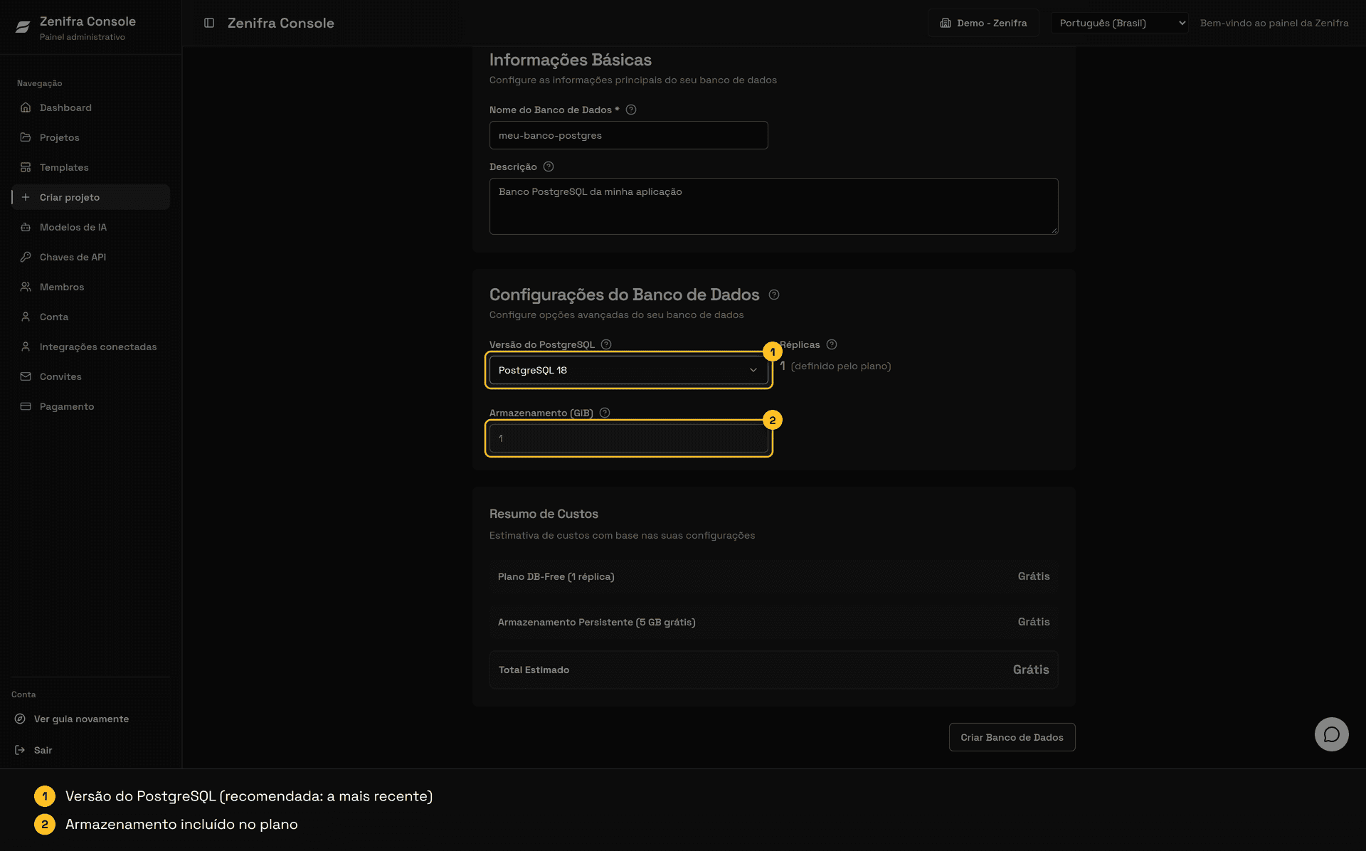 Configurações do Banco de Dados com versão do PostgreSQL e armazenamento destacados